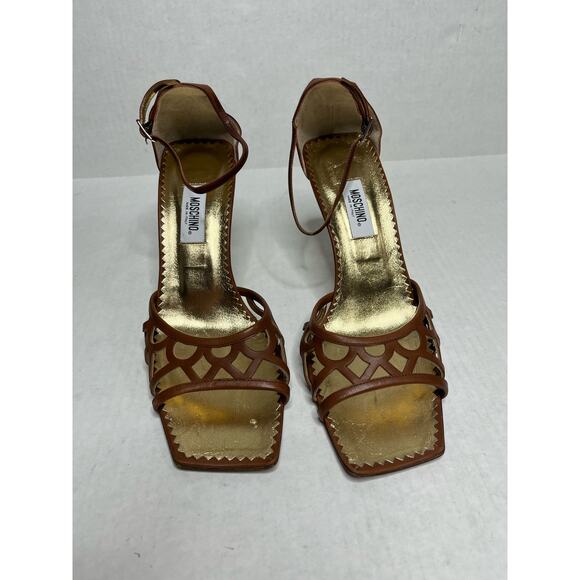 Moschino White Label Designer Brown Luxury Ankle Strap Open Square Toe Heels 9.5 - Picture 4 of 10